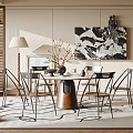 Modern Restaurant Interior With Wooden Dining Table Metal Chairs Abstract Painting And Area Rug