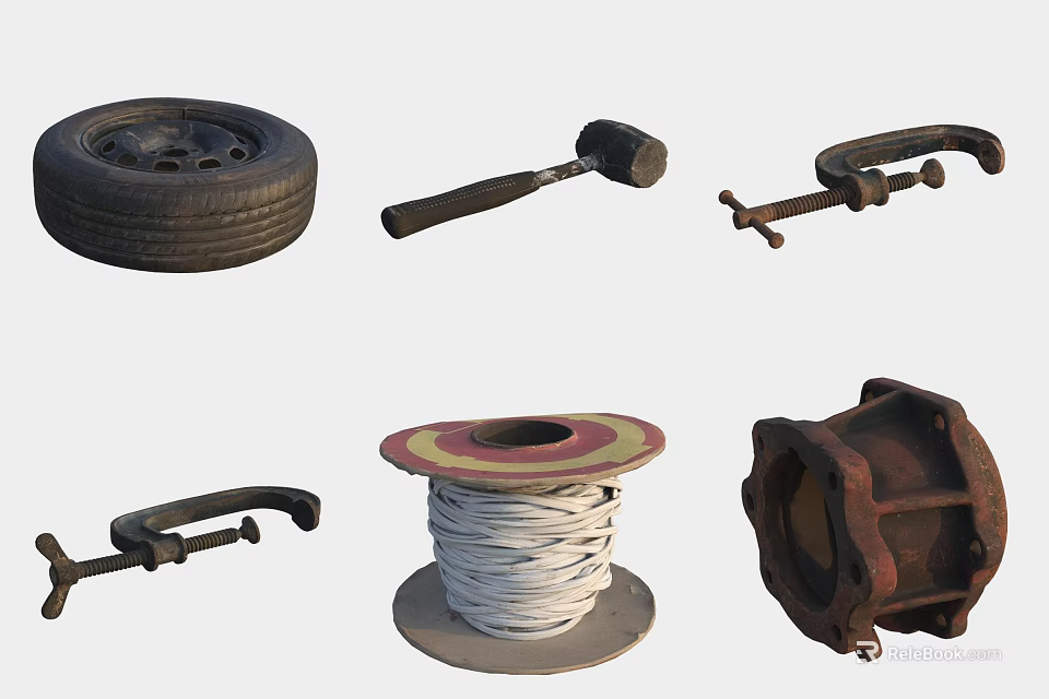 Essential Hardware Tools Set Including Hammer Clamp Hook Wire Spool Tire And Pipe Fitting 3d model