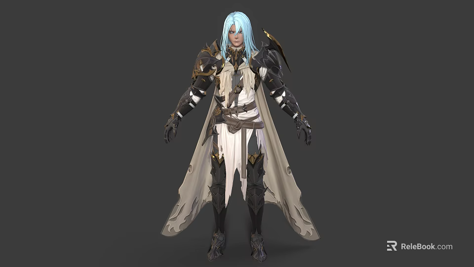 Fantasy Game Character With Blue Hair Gold Black Armor And Beige Long Cape 3d model 