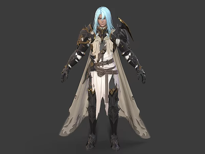 Fantasy Game Character With Blue Hair Gold Black Armor And Beige Long Cape 3d model