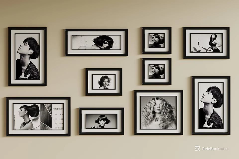 Stylish Photo Wall Decor With Various Size Frames And Black White 3d model
