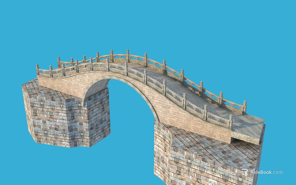 Traditional Stone Arch Bridge With Stone Piers And Wooden Railings Design 3d model 
