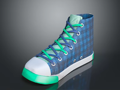 High Top Canvas Shoes With Blue Plaid Pattern Green Laces And White Toe Cap 3d model