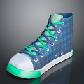 High Top Canvas Shoes With Blue Plaid Pattern Green Laces And White Toe Cap