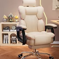 Comfortable Beige Office Chair With Black Armrests Wheels And Wooden Desk In Cozy Home Office