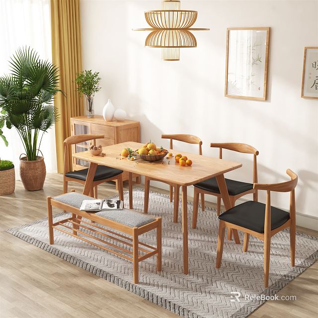 Minimalist Wooden Dining Table Set With Chairs Bench Fruits Green Plants And Pendant Light 3d model 