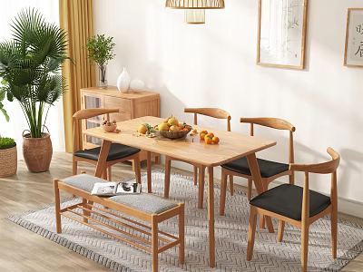 Minimalist Wooden Dining Table Set With Chairs Bench Fruits Green Plants And Pendant Light 3d model