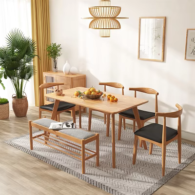 Minimalist Wooden Dining Table Set With Chairs Bench Fruits Green Plants And Pendant Light 3d model