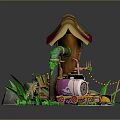 Cartoon Scene With Small House Brown Roof Barrel Drink Can Ladder And Green Grass