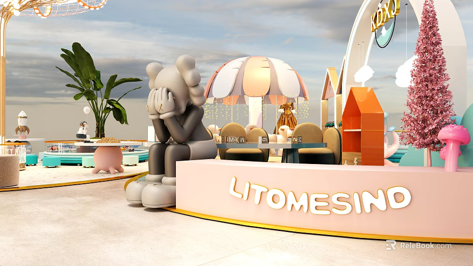 Vibrant Playground Featuring Cartoon Sculpture Pink Counter Striped Umbrella Green Plants And Decorative Houses 3d model 
