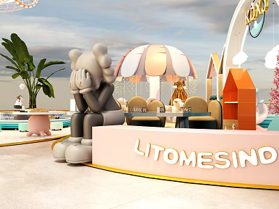 Vibrant Playground Featuring Cartoon Sculpture Pink Counter Striped Umbrella Green Plants And Decorative Houses 3d model
