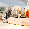 Vibrant Playground Featuring Cartoon Sculpture Pink Counter Striped Umbrella Green Plants And Decorative Houses