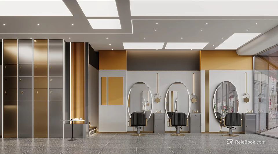 Modern Luxury Beauty Hair Salon Interior Design With Professional Styling Chairs And Elegant Lighted Mirrors 3d model 