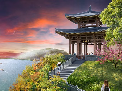 Traditional Chinese Pavilion By Lake With Sunset Sky Mountain Green Trees And People 3d model