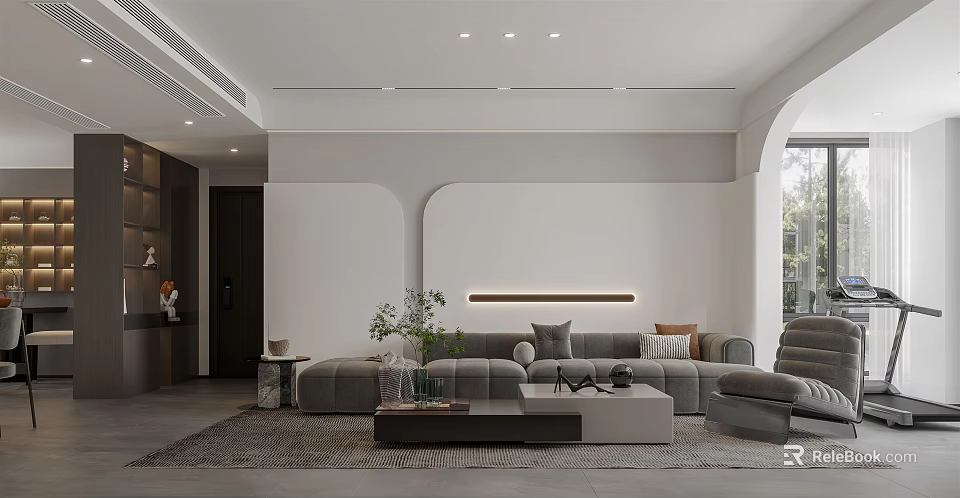 Modern Living And Dining Area Design With Gray Sofa Coffee Table Plants And Linear Light 3d model