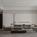 Modern Living And Dining Area Design With Gray Sofa Coffee Table Plants And Linear Light 3d model