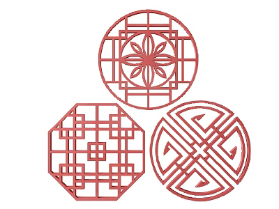 Chinese Traditional Carved Patterns in Circular and Octagonal Red Decorative Designs 3d model