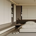 Modern Bedroom with Big Bed Open Shelves Large Window Greenery View Light Wood Floor