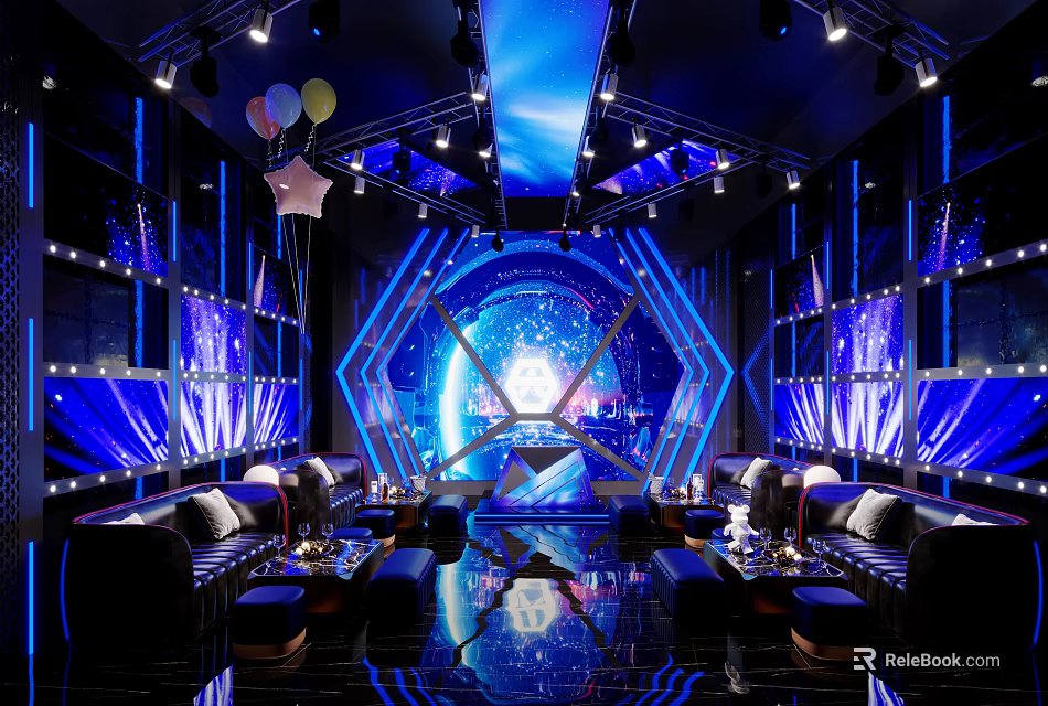 Modern KTV Interior With Blue Lighting Starry Backdrop Sofas And Modern Decor 3d model