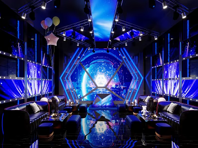 Modern KTV Interior With Blue Lighting Starry Backdrop Sofas And Modern Decor 3d model