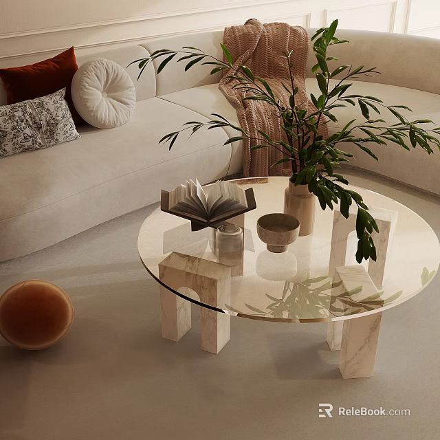 Beige Fabric Sofa and Round Glass Coffee Table Set with Decorative Pillows and Green Plant 3d model 