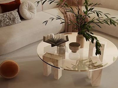 Beige Fabric Sofa and Round Glass Coffee Table Set with Decorative Pillows and Green Plant 3d model