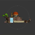 3D Island Scene With Red Roof Cabin Waterfall Wooden Bridge And Green Tree