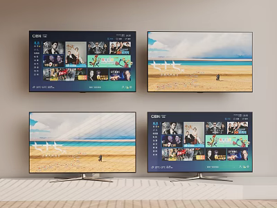 Four Smart TV Screens Displaying Streaming Interface And Beach Scene Entertainment Content 3d model