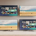 Four Smart TV Screens Displaying Streaming Interface And Beach Scene Entertainment Content 3d model