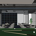Elegant Billiard Room Interior With Green Table Colorful Balls Cues Comfortable Seating And Blue Lighting