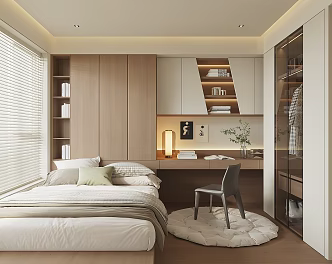 Modern Tatami Bedroom Bed Wardrobe Table Lamp Curtain Carpet Pillow 3d model