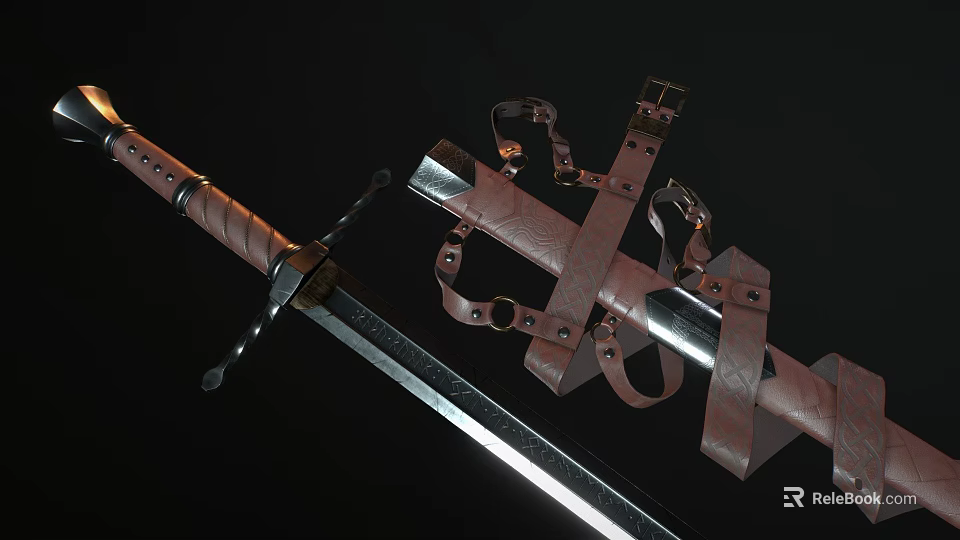Medieval Style Leather Sword with Shiny Blade Scabbard and Detailed Belt Straps 3d model 