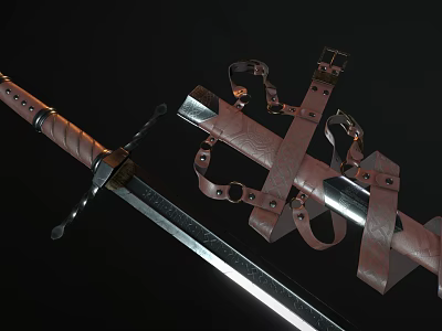 Medieval Style Leather Sword with Shiny Blade Scabbard and Detailed Belt Straps 3d model
