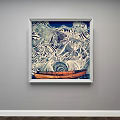 Abstract Painting With Wavy White Strokes On Dark Background Framed On Wall