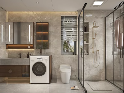 Modern Bathroom Interior With Marble Walls Backlit Mirror Washing Machine Glass Shower And Wooden Elements 3d model
