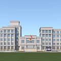 White Multistory Building With Numerous Windows Front Entrance And Emblem Under Blue Sky