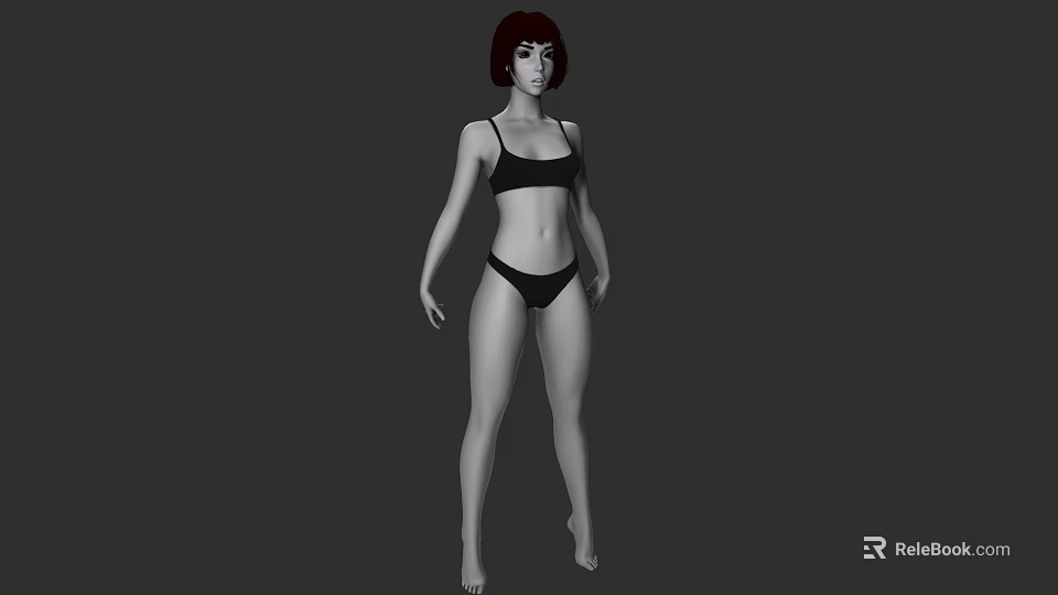 Woman in Black Bikini with Short Hair Standing Against Gray Background 3d model 