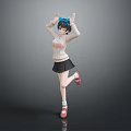 Game Anime Character Figure With Blue Hair Accessory Striped Sweater Black Skirt Red Shoes Posing
