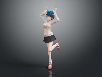 Game Anime Character Figure With Blue Hair Accessory Striped Sweater Black Skirt Red Shoes Posing 3d model