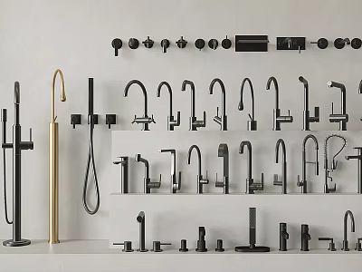 Various Modern Faucets Displayed on Wall with Different Designs for Bathroom and Kitchen Use 3d model