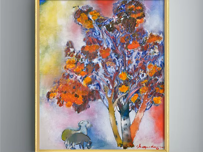 Vibrant Oil Painting With Tree Orange Red Flowers Two Sheep Under Golden Frame 3d model