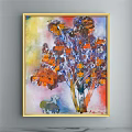Vibrant Oil Painting With Tree Orange Red Flowers Two Sheep Under Golden Frame