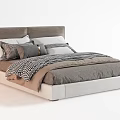 Modern Double Bed with Upholstered Gray Headboard and Plaid Pillows in Light Gray Beige Colors