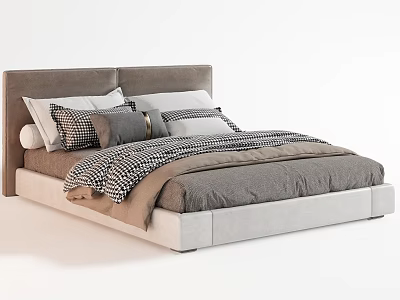 Modern Double Bed with Upholstered Gray Headboard and Plaid Pillows in Light Gray Beige Colors 3d model