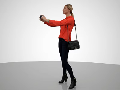 Woman Taking Selfie In Red Long Sleeve Top With Dark Pants Black Boots And Handbag 3d model