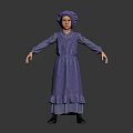 Woman In Purple Polka Dot Dress And Blue Bonnet With Arms Outstretched Against Dark Background