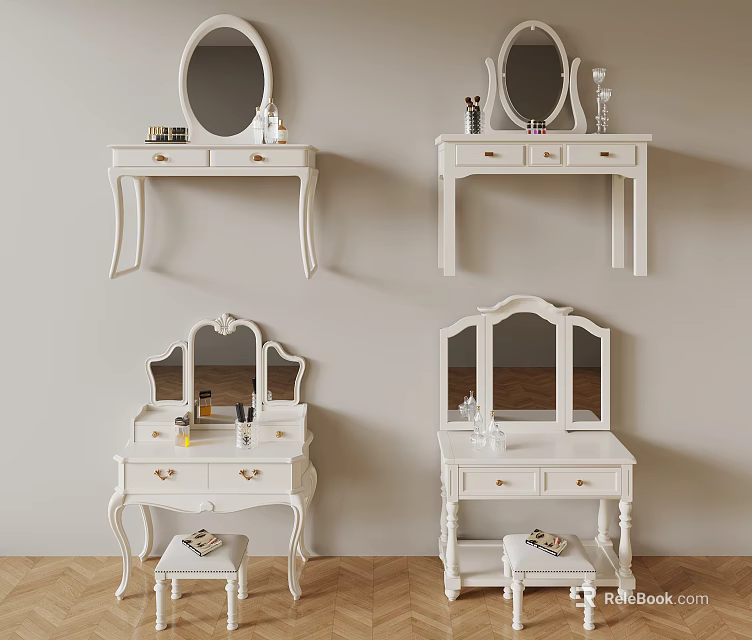 Elegant White Dressing Tables With Mirrors Drawers And Matching Stools 3d model 