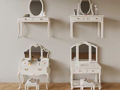 Elegant White Dressing Tables With Mirrors Drawers And Matching Stools 3d model
