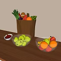 Fresh Fruits with Green Apples Oranges Bananas Grapes in Brown Paper Bag and Glass Bowls