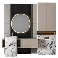 Modern Bathroom Interior With Illuminated Round Mirror Black Vertical Striped Wall And Marble Countertop